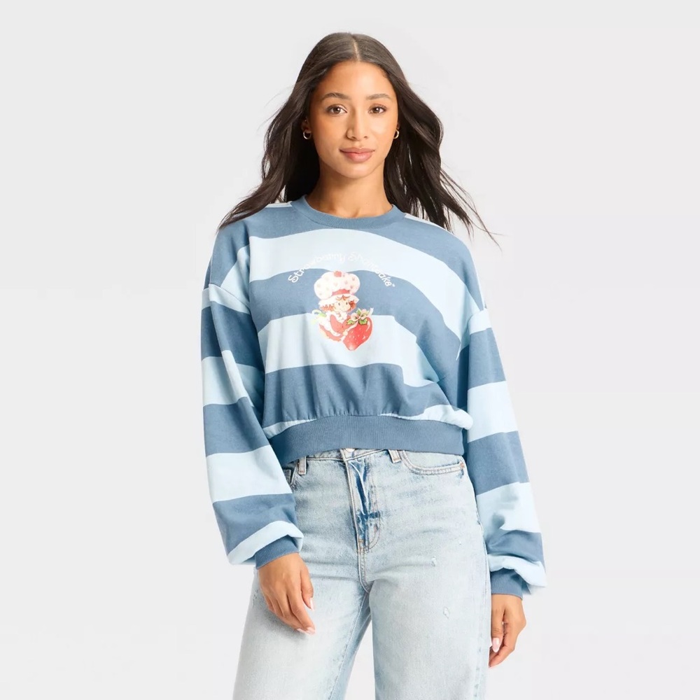 Strawberry Shortcake Striped Cropped Fleece Graphic Sweatshirt Size XS